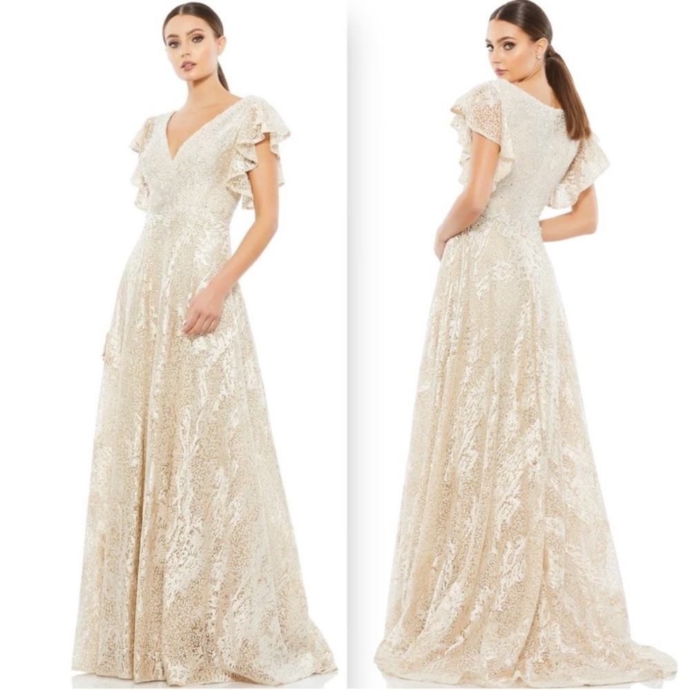 NWT Mac Duggal Flutter Sleeve Rhinestones Embroidered Gown In Color Ivory #20310